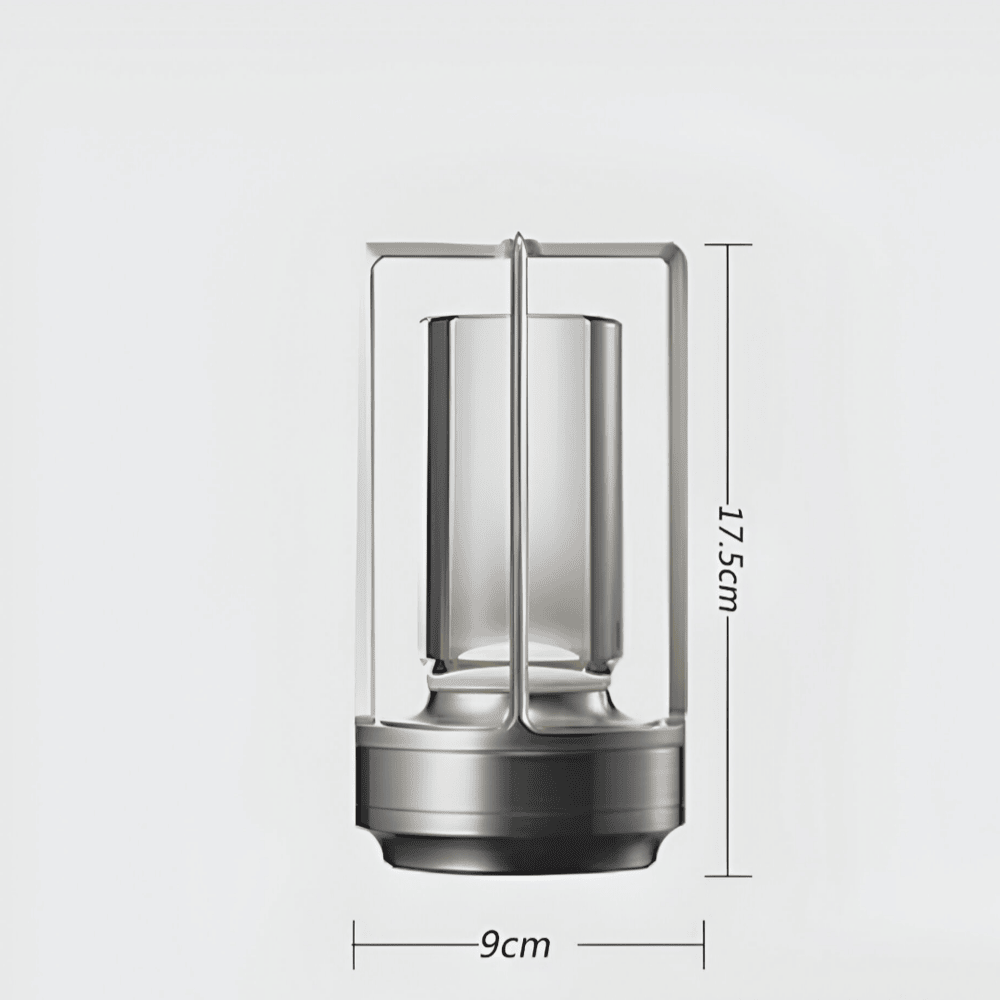 "Elegant vattentät bordslampa i metall med modern design, bärbar och dimbar, idealisk för inomhus- och utomhusbruk."