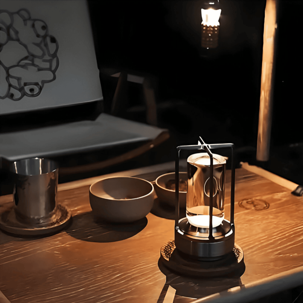 "Elegant vattentät bordslampa i metall med modern design, bärbar och dimbar, idealisk för inomhus- och utomhusbruk."