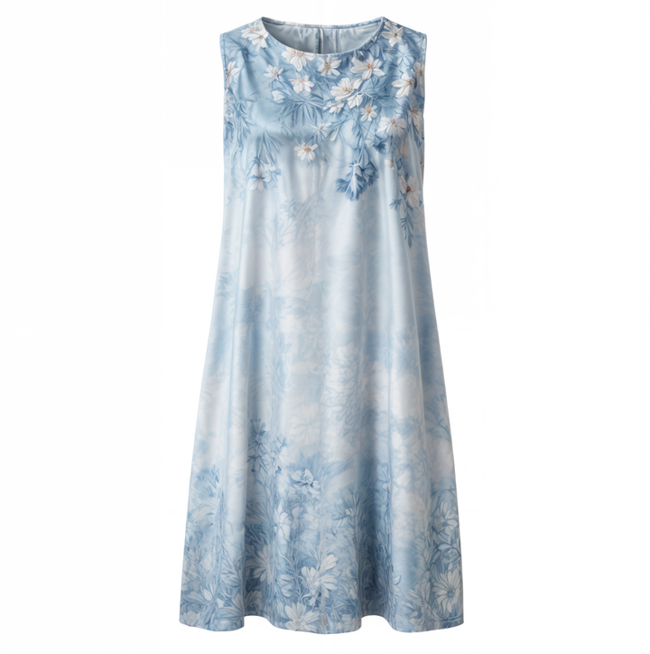 "Eleganta blommig klänning, vintage stil, A-line siluett, feminin design, perfekt för vårfest eller solig dag ute."