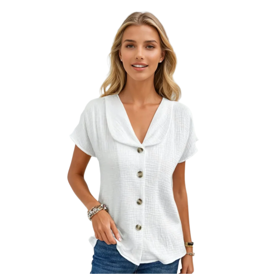 "Eleganta damblus med krage, stilfulla knappar; chic design i rosa, blå, khaki eller vit, bekväm passform."