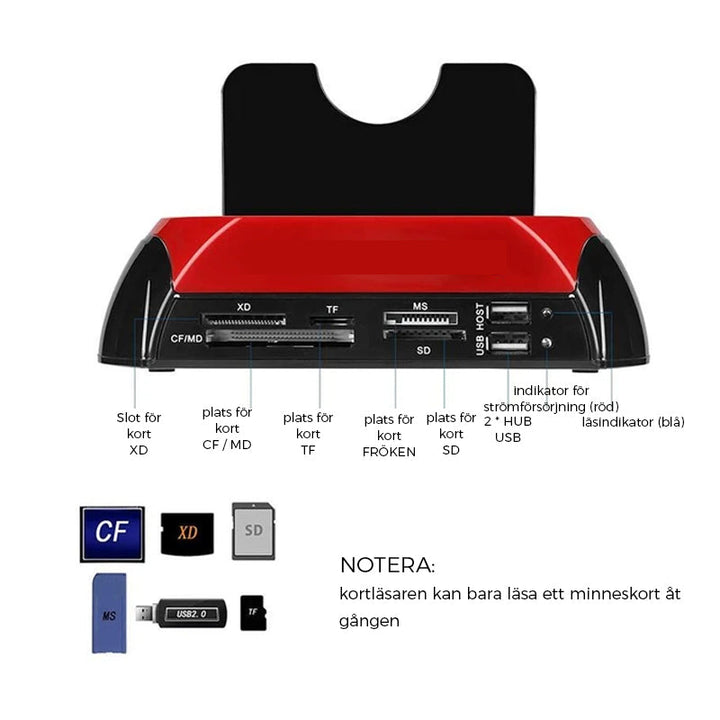 "Eleganta dockningsstation visad framifrån, stödjer IDE/SATA, idealisk för IT-proffs och hobbyister, kompatibel med USB."