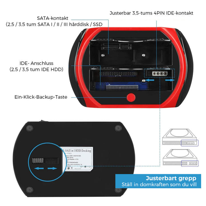 "Eleganta dockningsstation visad framifrån, stödjer IDE/SATA, idealisk för IT-proffs och hobbyister, kompatibel med USB."