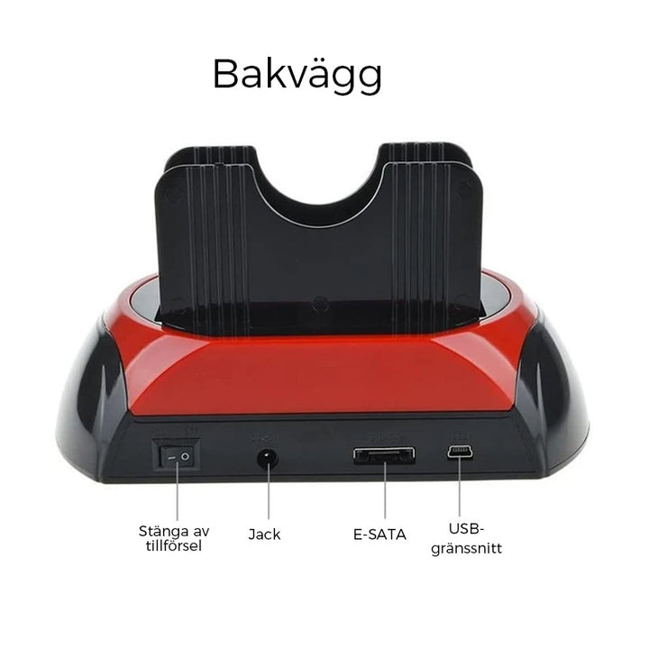 "Eleganta dockningsstation visad framifrån, stödjer IDE/SATA, idealisk för IT-proffs och hobbyister, kompatibel med USB."