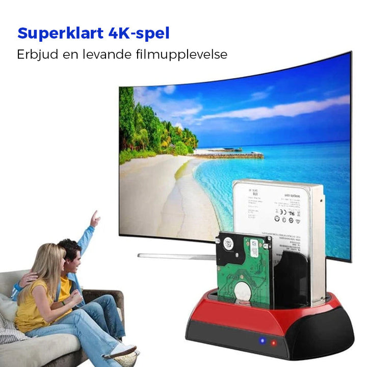 "Eleganta dockningsstation visad framifrån, stödjer IDE/SATA, idealisk för IT-proffs och hobbyister, kompatibel med USB."