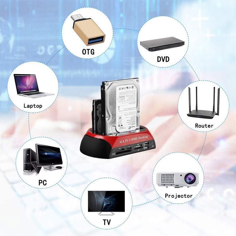 "Eleganta dockningsstation visad framifrån, stödjer IDE/SATA, idealisk för IT-proffs och hobbyister, kompatibel med USB."