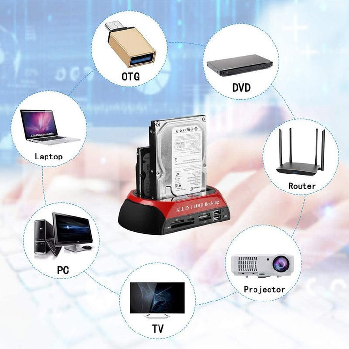 "Eleganta dockningsstation visad framifrån, stödjer IDE/SATA, idealisk för IT-proffs och hobbyister, kompatibel med USB."