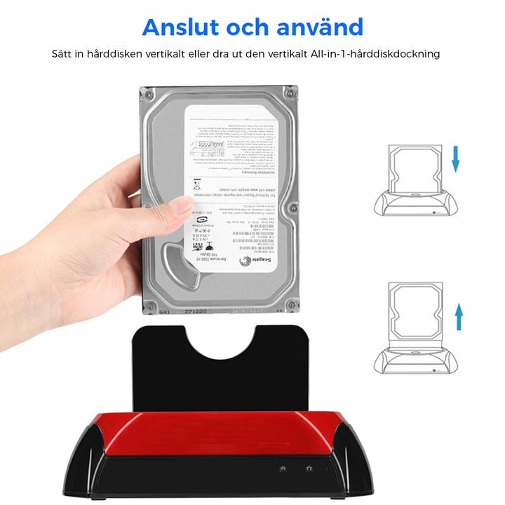 "Eleganta dockningsstation visad framifrån, stödjer IDE/SATA, idealisk för IT-proffs och hobbyister, kompatibel med USB."