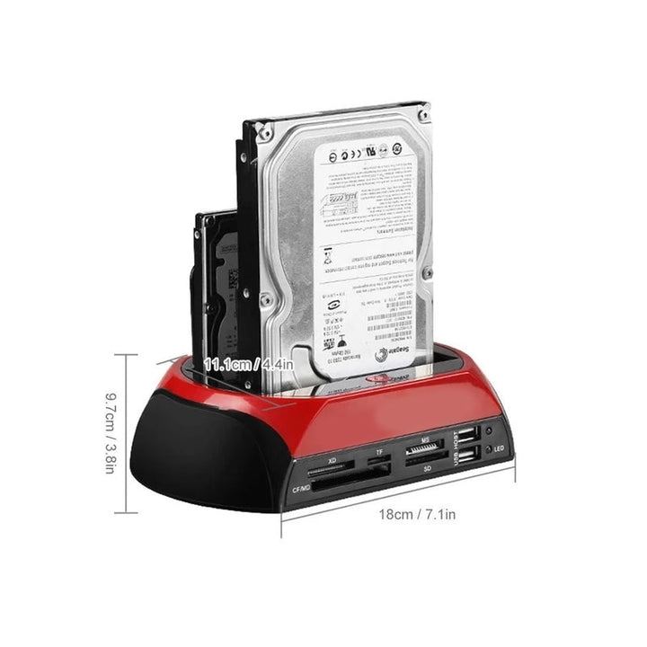 "Eleganta dockningsstation visad framifrån, stödjer IDE/SATA, idealisk för IT-proffs och hobbyister, kompatibel med USB."