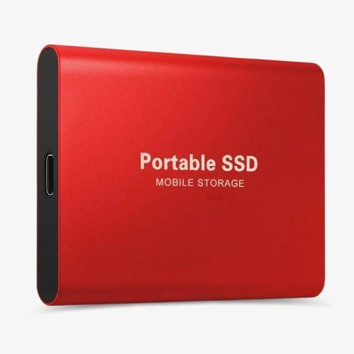"Eleganta, extern SSD i aluminium för snabb dataöverföring, 1-16TB kapacitet, finns i blå, guld, röd, svart."