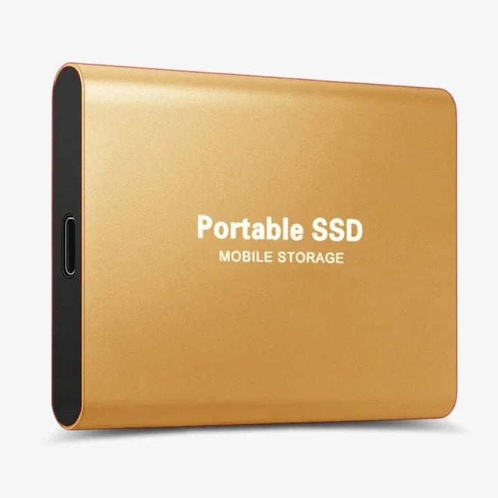 "Eleganta, extern SSD i aluminium för snabb dataöverföring, 1-16TB kapacitet, finns i blå, guld, röd, svart."