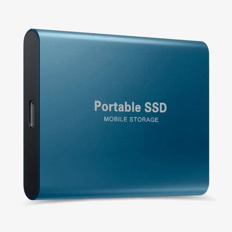"Eleganta, extern SSD i aluminium för snabb dataöverföring, 1-16TB kapacitet, finns i blå, guld, röd, svart."