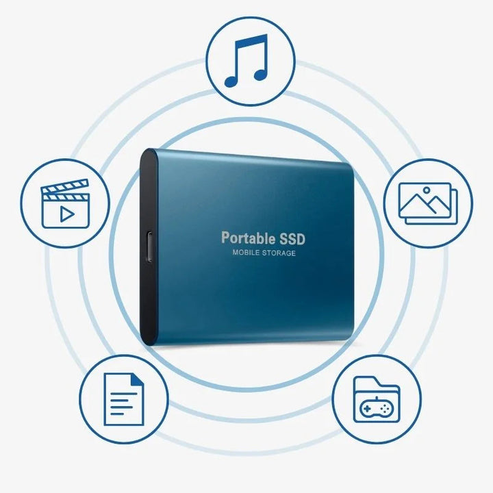 "Eleganta, extern SSD i aluminium för snabb dataöverföring, 1-16TB kapacitet, finns i blå, guld, röd, svart."
