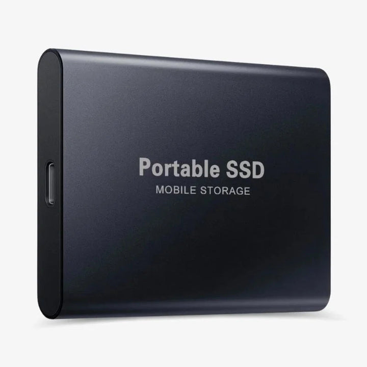 "Eleganta, extern SSD i aluminium för snabb dataöverföring, 1-16TB kapacitet, finns i blå, guld, röd, svart."