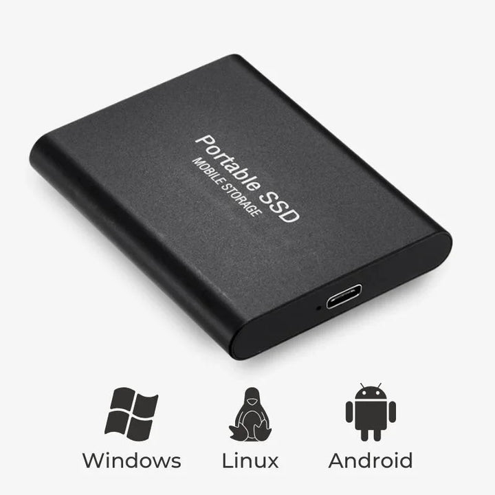 "Eleganta, extern SSD i aluminium för snabb dataöverföring, 1-16TB kapacitet, finns i blå, guld, röd, svart."
