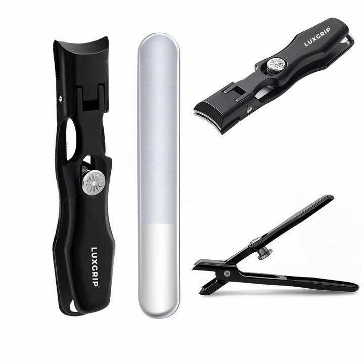 "Eleganta LuxGrip nagelklippare av kolstål i silver, ultraskarpt blad, ergonomisk design, skönhetsvård."