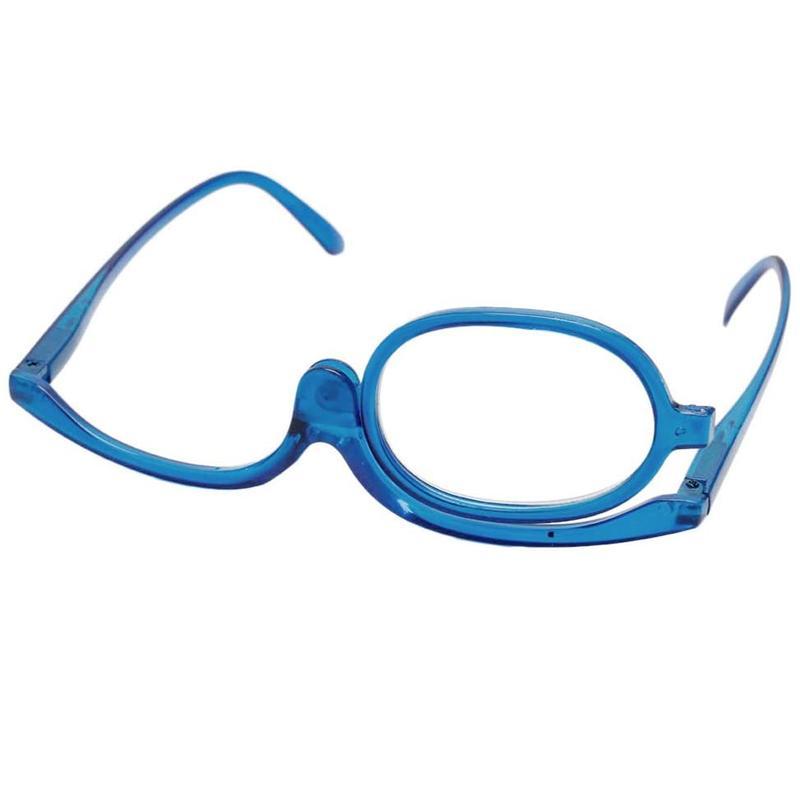 "Eleganta sminkglasögon i röd, svart och blå färg, med svängbar ram, perfekta för exakt makeup."