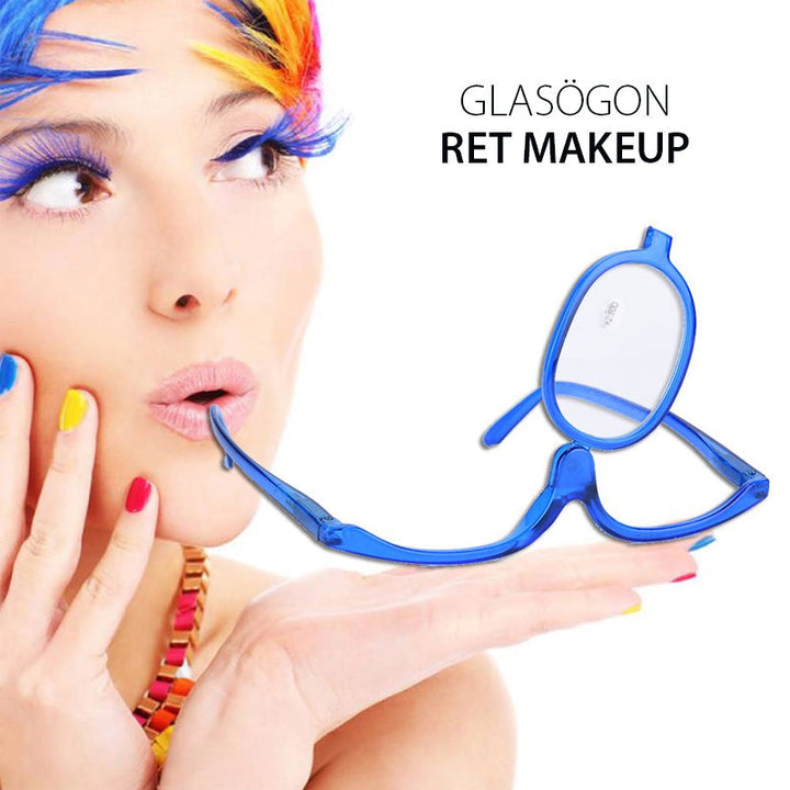 "Eleganta sminkglasögon i röd, svart och blå färg, med svängbar ram, perfekta för exakt makeup."