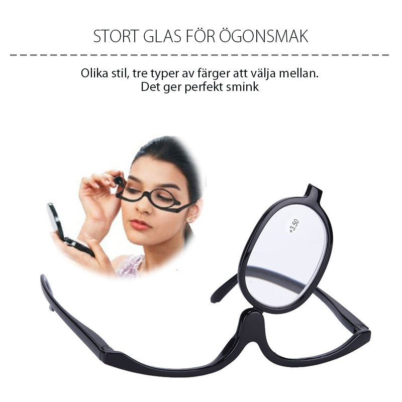 "Eleganta sminkglasögon i röd, svart och blå färg, med svängbar ram, perfekta för exakt makeup."