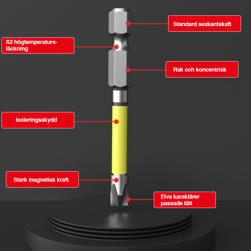 Elektriker skruvmejselbits i S2 stål med kors- och spårhuvud, hög precision och magnetfunktion.