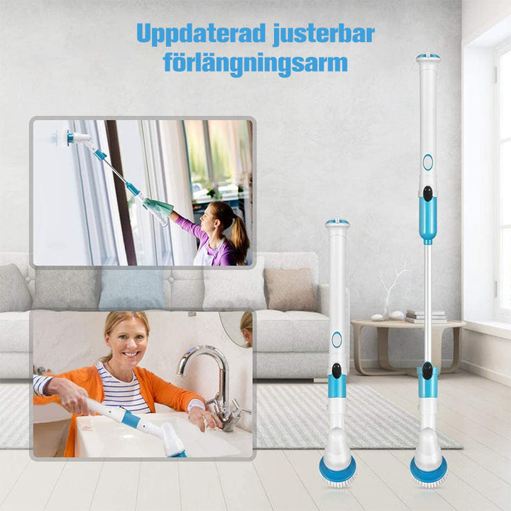 "Elektrisk blå rengöringsborste med multiborsthuvud, teleskophandtag och extra borsthuvuden för effektiv städning."