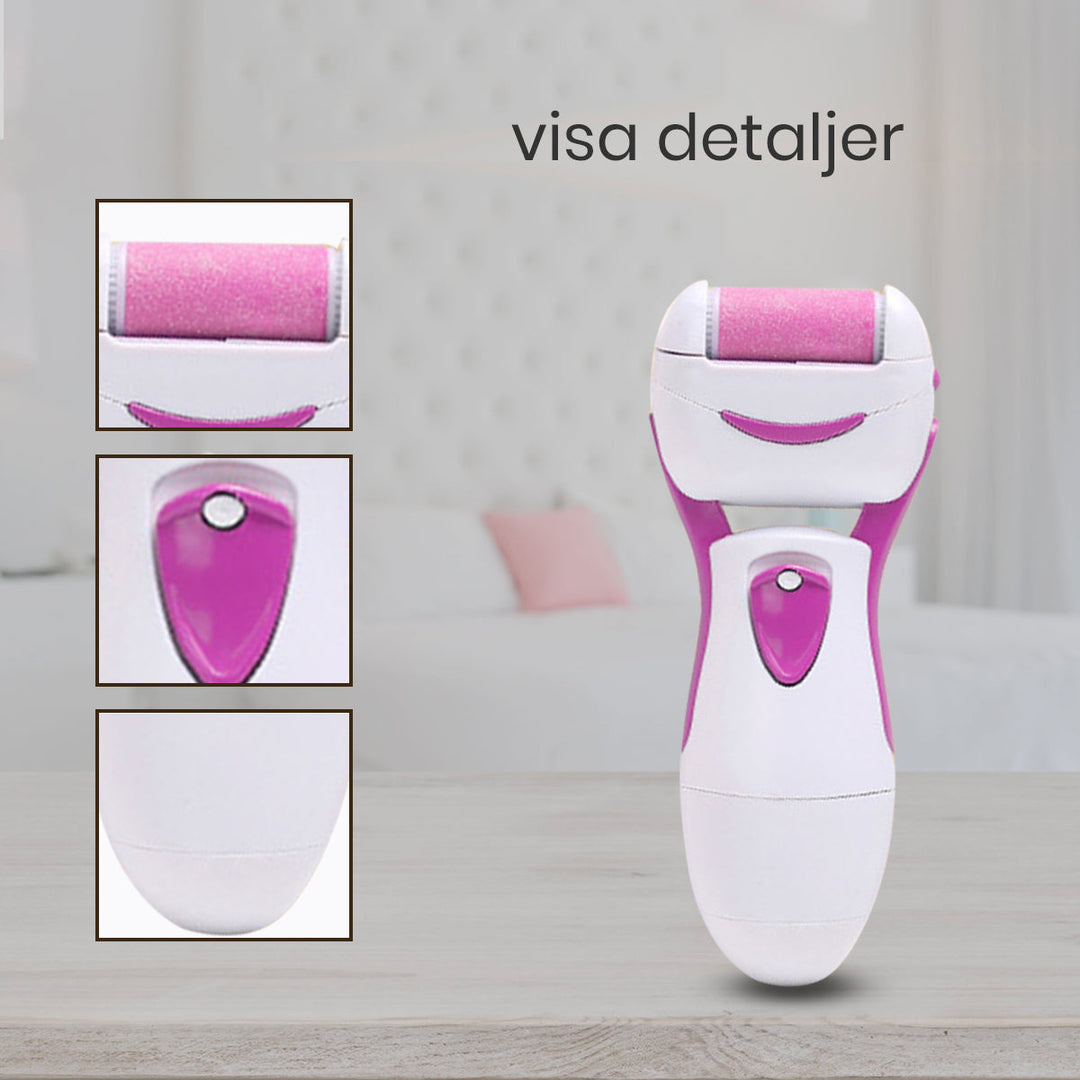 "Elektrisk fotfil med rosa och blått mineralkvartshuvud, ergonomisk design för smidiga och mjuka fötter."