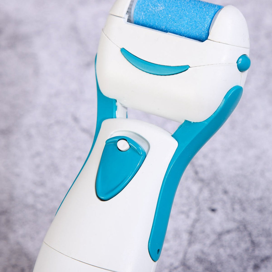 "Elektrisk fotfil med rosa och blått mineralkvartshuvud, ergonomisk design för smidiga och mjuka fötter."