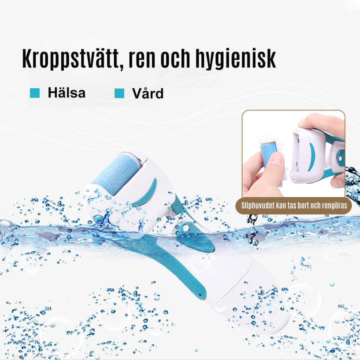 "Elektrisk fotfil med rosa och blått mineralkvartshuvud, ergonomisk design för smidiga och mjuka fötter."