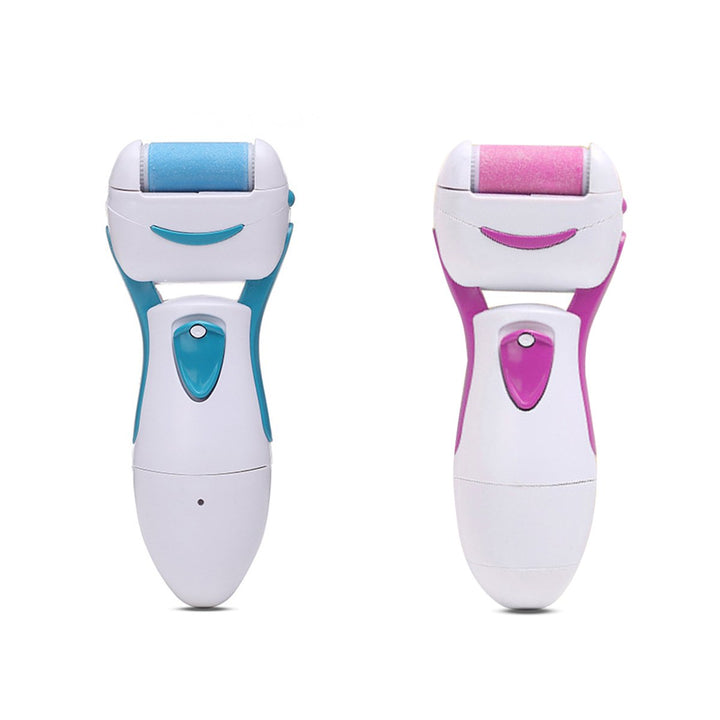 "Elektrisk fotfil med rosa och blått mineralkvartshuvud, ergonomisk design för smidiga och mjuka fötter."