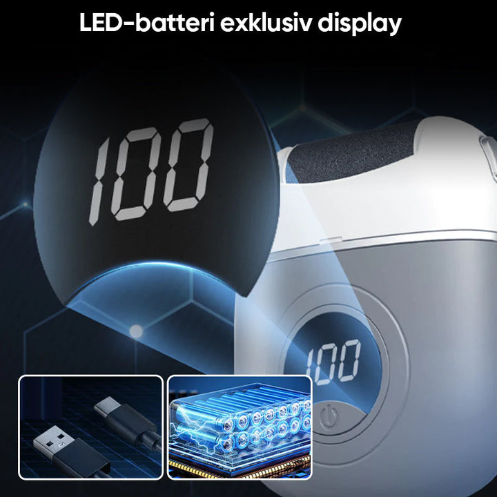 "Elektrisk fotslip med LCD-skärm, ergonomisk design, perfekt för att ta bort förhårdnader och vårda fötternas hälsa."