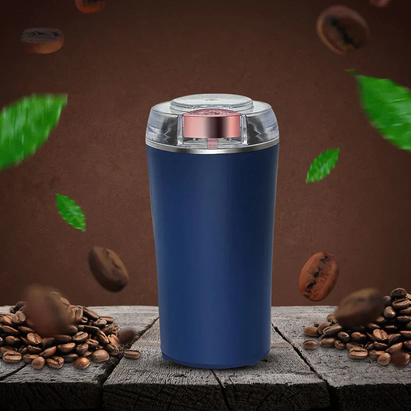 "Elektrisk kaffe- och kryddkvarn med kompakt design, kraftfull motor och moderna stålblad för effektiv malning i köket."