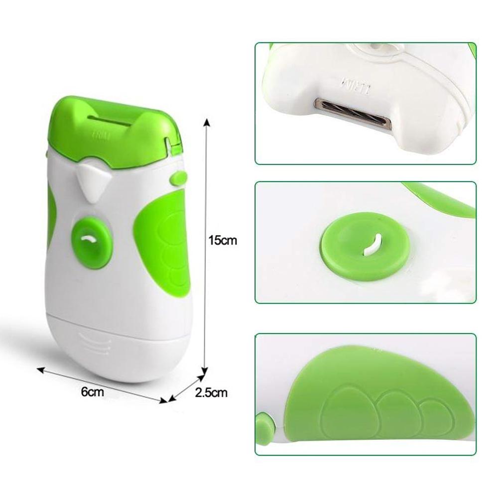 "Elektrisk nagelklippare i grön och vit med roterande blad och filningsfunktion för säker och jämn nagelvård."