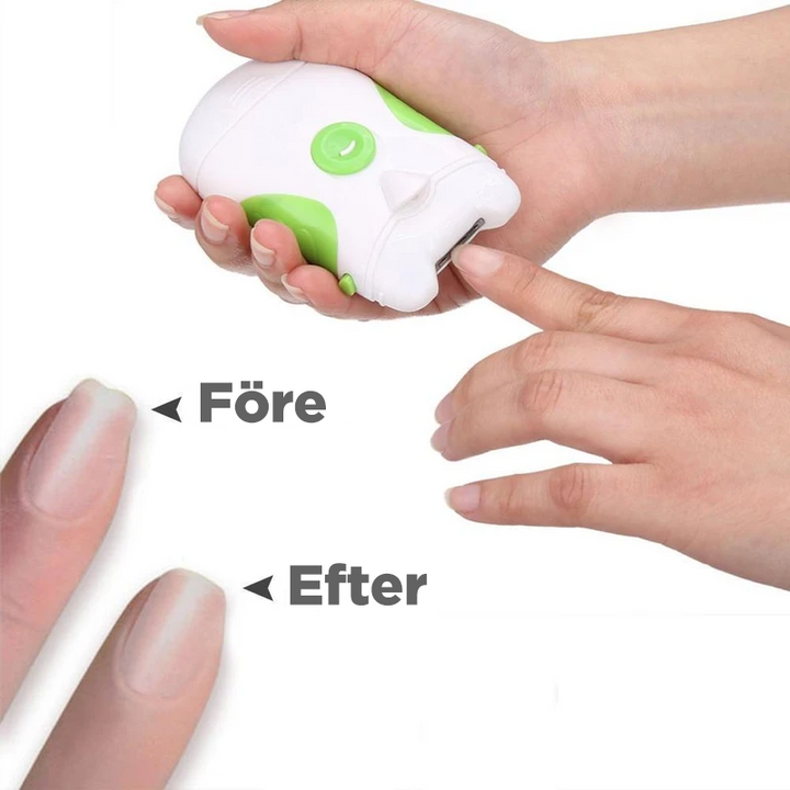 "Elektrisk nagelklippare i grön och vit med roterande blad och filningsfunktion för säker och jämn nagelvård."