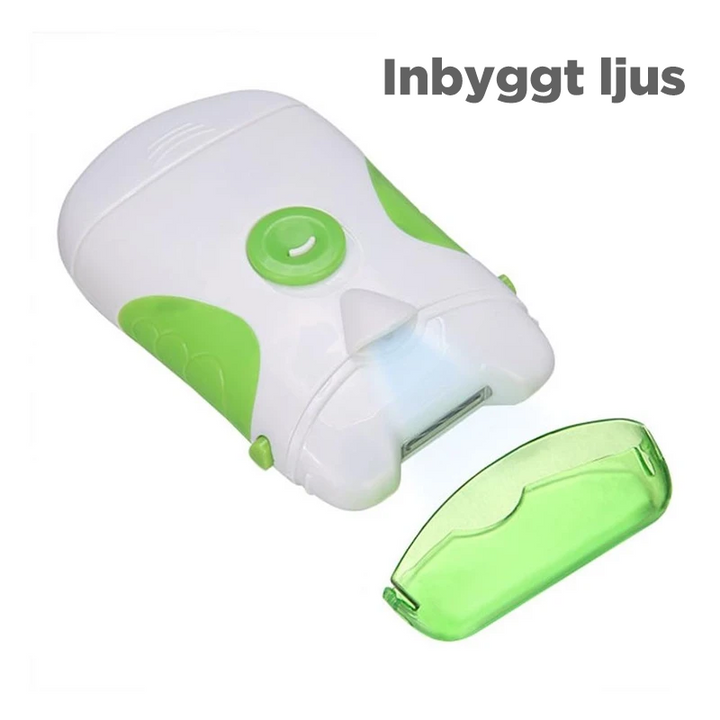 "Elektrisk nagelklippare i grön och vit med roterande blad och filningsfunktion för säker och jämn nagelvård."