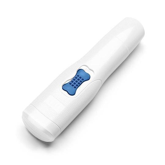 Elektrisk nagelslip för husdjur med USB-laddning, låg ljudnivå; vit enhet på neutral bakgrund.