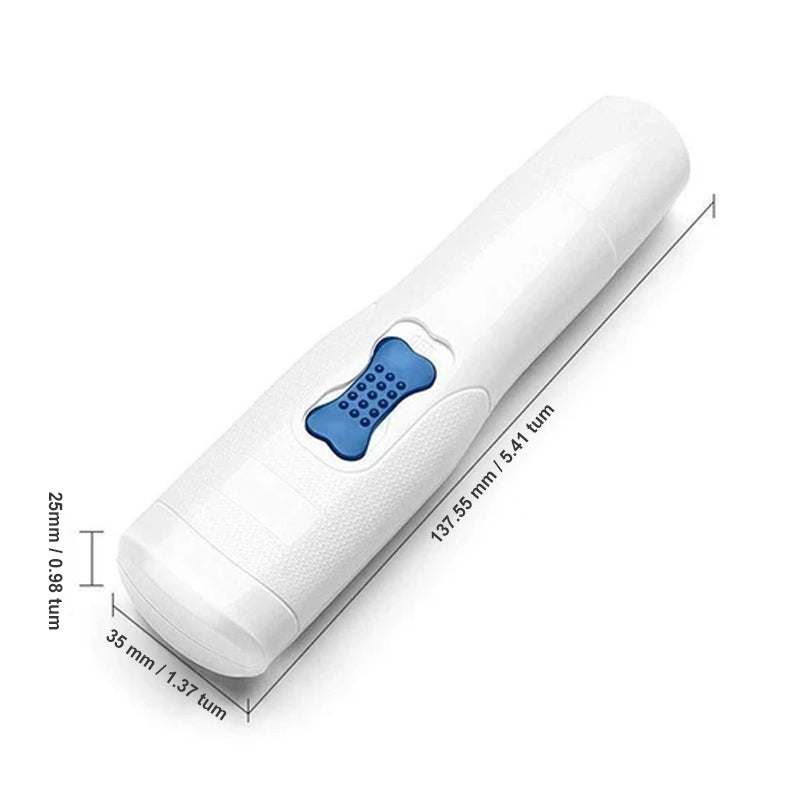 Elektrisk nagelslip för husdjur med USB-laddning, låg ljudnivå; vit enhet på neutral bakgrund.