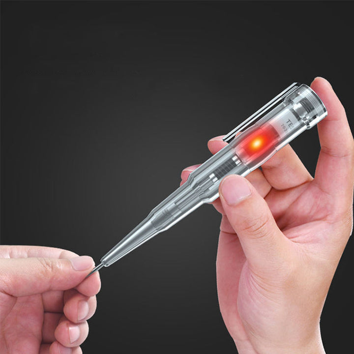 "Elektrisk testpenna med LED-ljus och transparent design, visar PVC-handtag och självkontrollfunktion för säker användning."