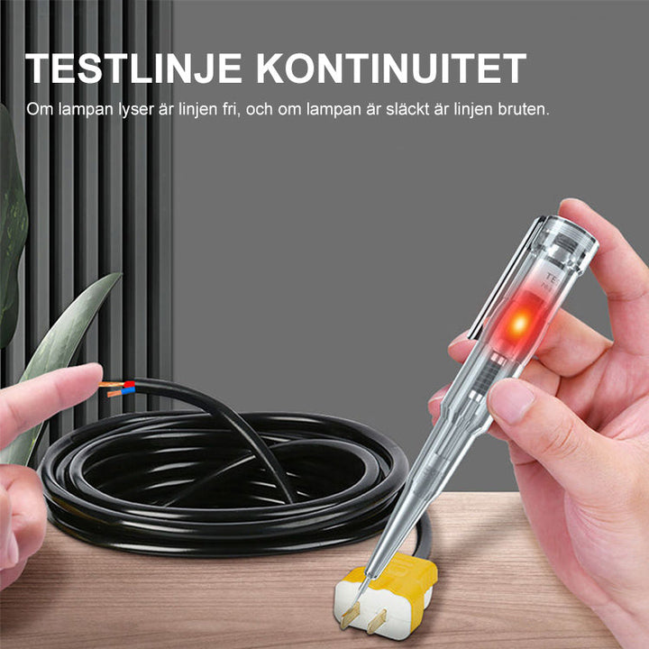 "Elektrisk testpenna med LED-ljus och transparent design, visar PVC-handtag och självkontrollfunktion för säker användning."