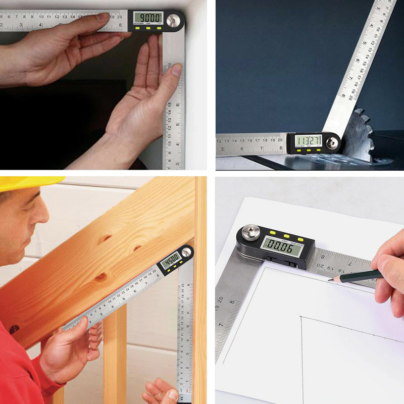 "Elektronisk digital vinkellinjal i rostfritt stål, LCD-display för exakta vinklar i hemmaprojekt och träbearbetning."