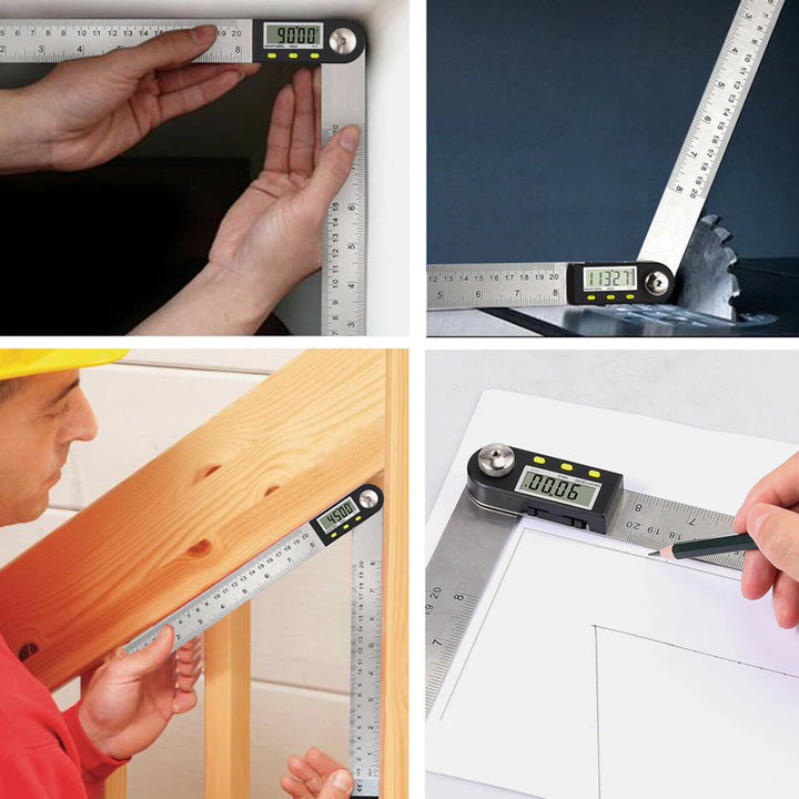 "Elektronisk digital vinkellinjal i rostfritt stål, LCD-display för exakta vinklar i hemmaprojekt och träbearbetning."