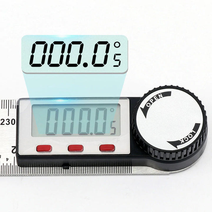 "Elektronisk digital vinkellinjal i rostfritt stål, LCD-display för exakta vinklar i hemmaprojekt och träbearbetning."