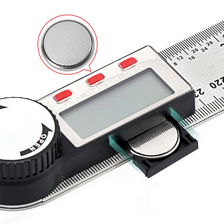 "Elektronisk digital vinkellinjal i rostfritt stål, LCD-display för exakta vinklar i hemmaprojekt och träbearbetning."