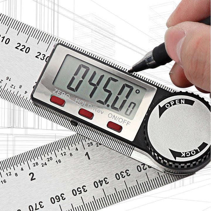 "Elektronisk digital vinkellinjal i rostfritt stål, LCD-display för exakta vinklar i hemmaprojekt och träbearbetning."