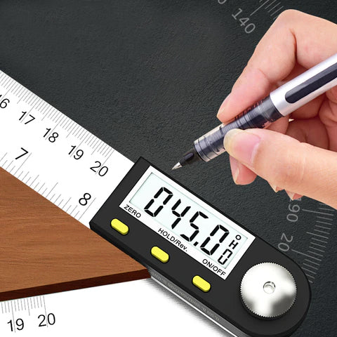 "Elektronisk digital vinkellinjal i rostfritt stål, LCD-display för exakta vinklar i hemmaprojekt och träbearbetning."