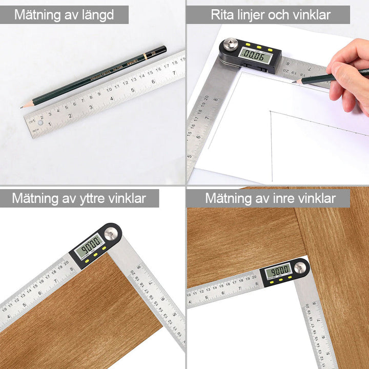 "Elektronisk digital vinkellinjal i rostfritt stål, LCD-display för exakta vinklar i hemmaprojekt och träbearbetning."
