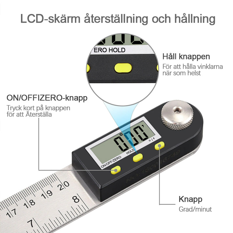 "Elektronisk digital vinkellinjal i rostfritt stål, LCD-display för exakta vinklar i hemmaprojekt och träbearbetning."