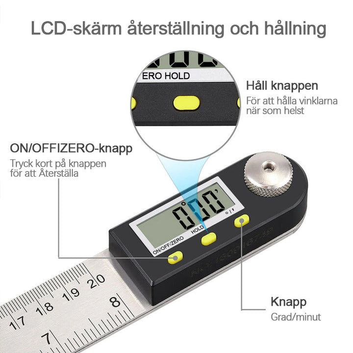 "Elektronisk digital vinkellinjal i rostfritt stål, LCD-display för exakta vinklar i hemmaprojekt och träbearbetning."