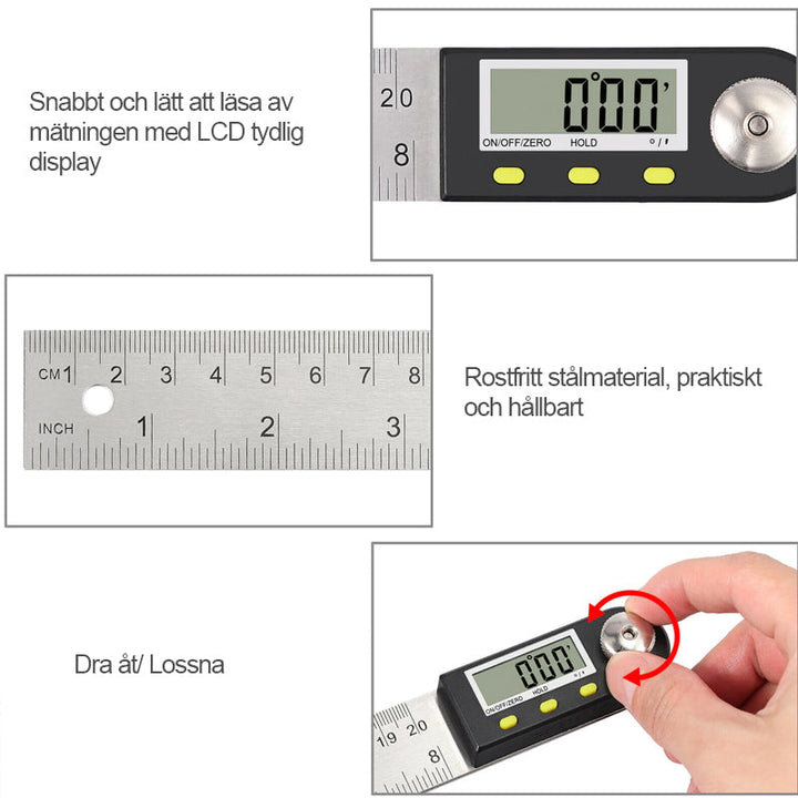 "Elektronisk digital vinkellinjal i rostfritt stål, LCD-display för exakta vinklar i hemmaprojekt och träbearbetning."