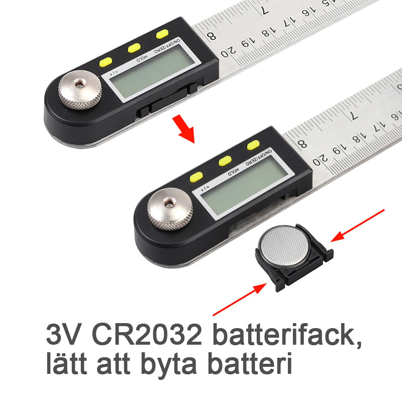 "Elektronisk digital vinkellinjal i rostfritt stål, LCD-display för exakta vinklar i hemmaprojekt och träbearbetning."
