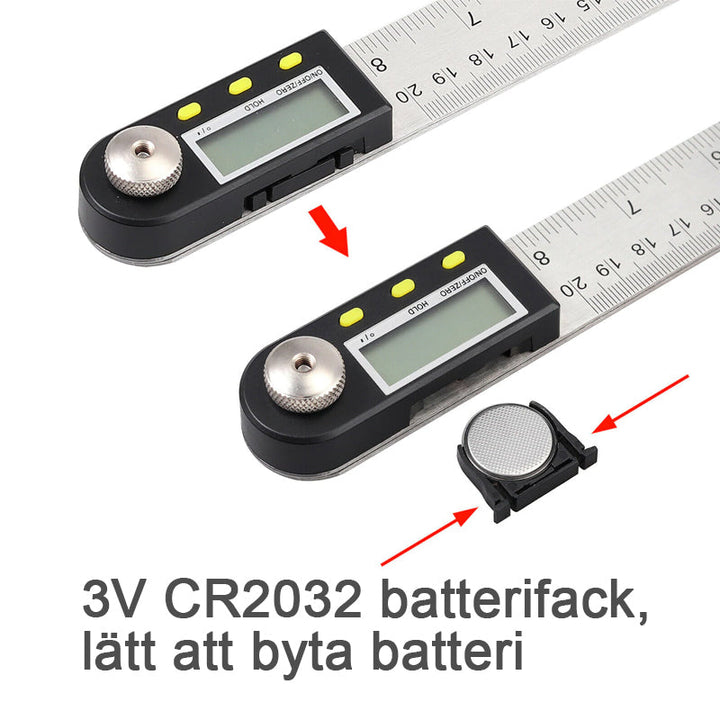 "Elektronisk digital vinkellinjal i rostfritt stål, LCD-display för exakta vinklar i hemmaprojekt och träbearbetning."