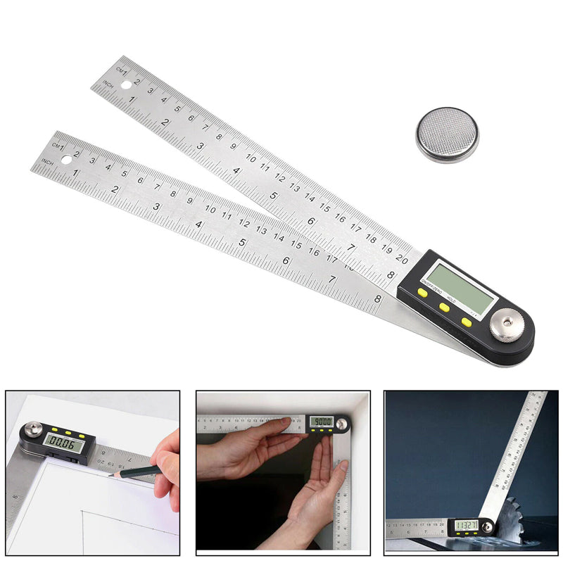 "Elektronisk digital vinkellinjal i rostfritt stål, LCD-display för exakta vinklar i hemmaprojekt och träbearbetning."